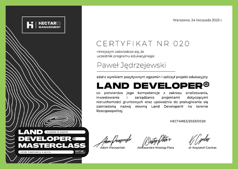 Paweł Jędrzejewski Certyfikat Land Developer 020