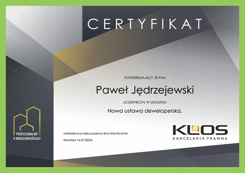 Paweł Jędrzejewski Certyfikat Nowa ustawa deweloperska