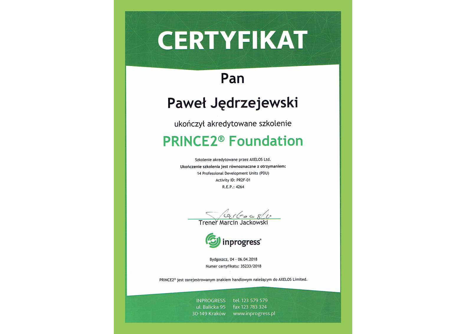 Paweł Jędrzejewski Certyfikat Prince2-Foundation