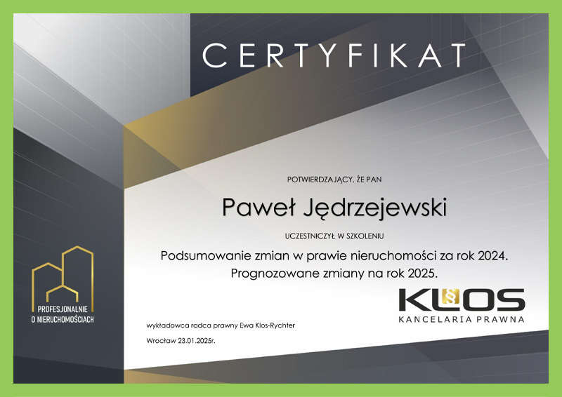 Paweł Jędrzejewski Certyfikat Podsumowanie zmian w prawie nieruchomości za rok 2024
