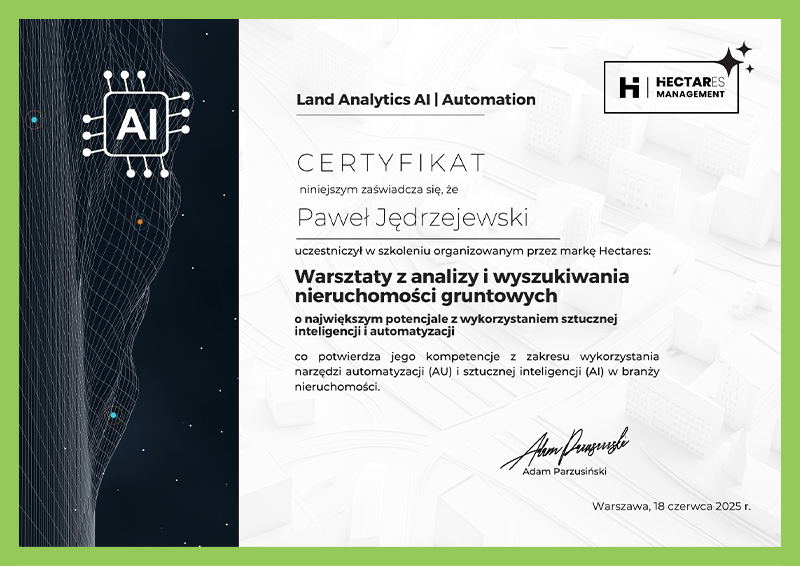 Certyfikat Land AnalyticsAI Automation Warsztaty Hectares Paweł Jędrzejewski